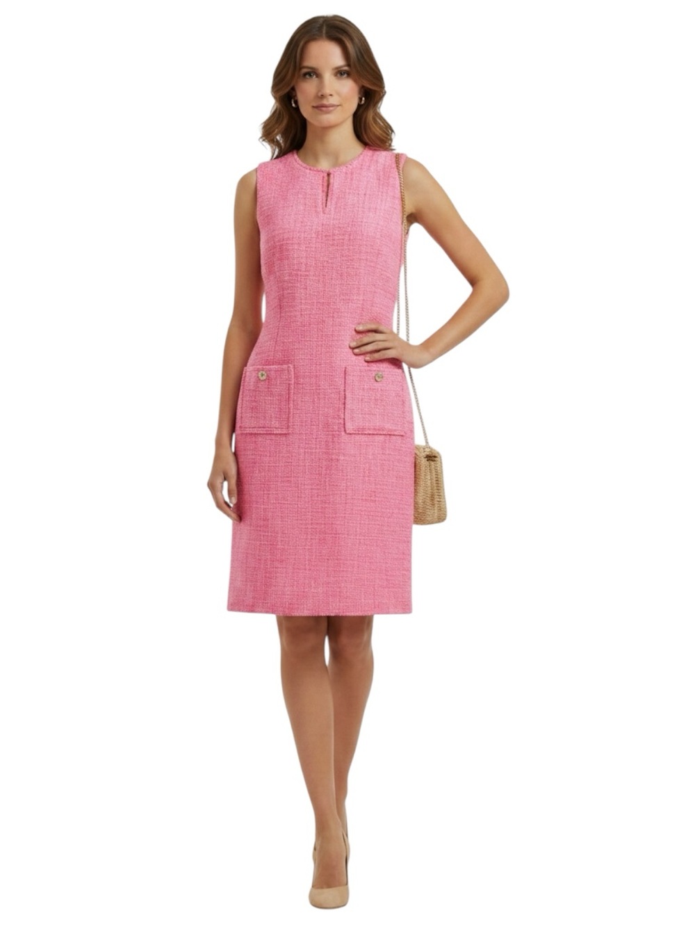 Karl Lagerfeld Paris Tweed Coral Pink & White Sleeveless Shift Dress SZ 10
